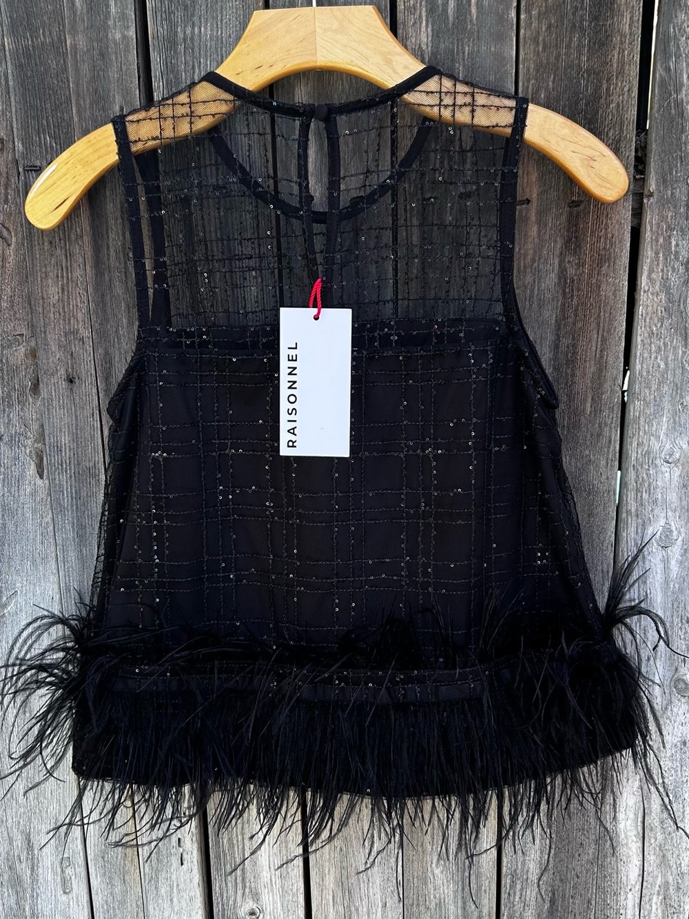 NWT Raisonnel Luxe Feather Trim Sequin Mesh Top Black S - Picture 11 of 16